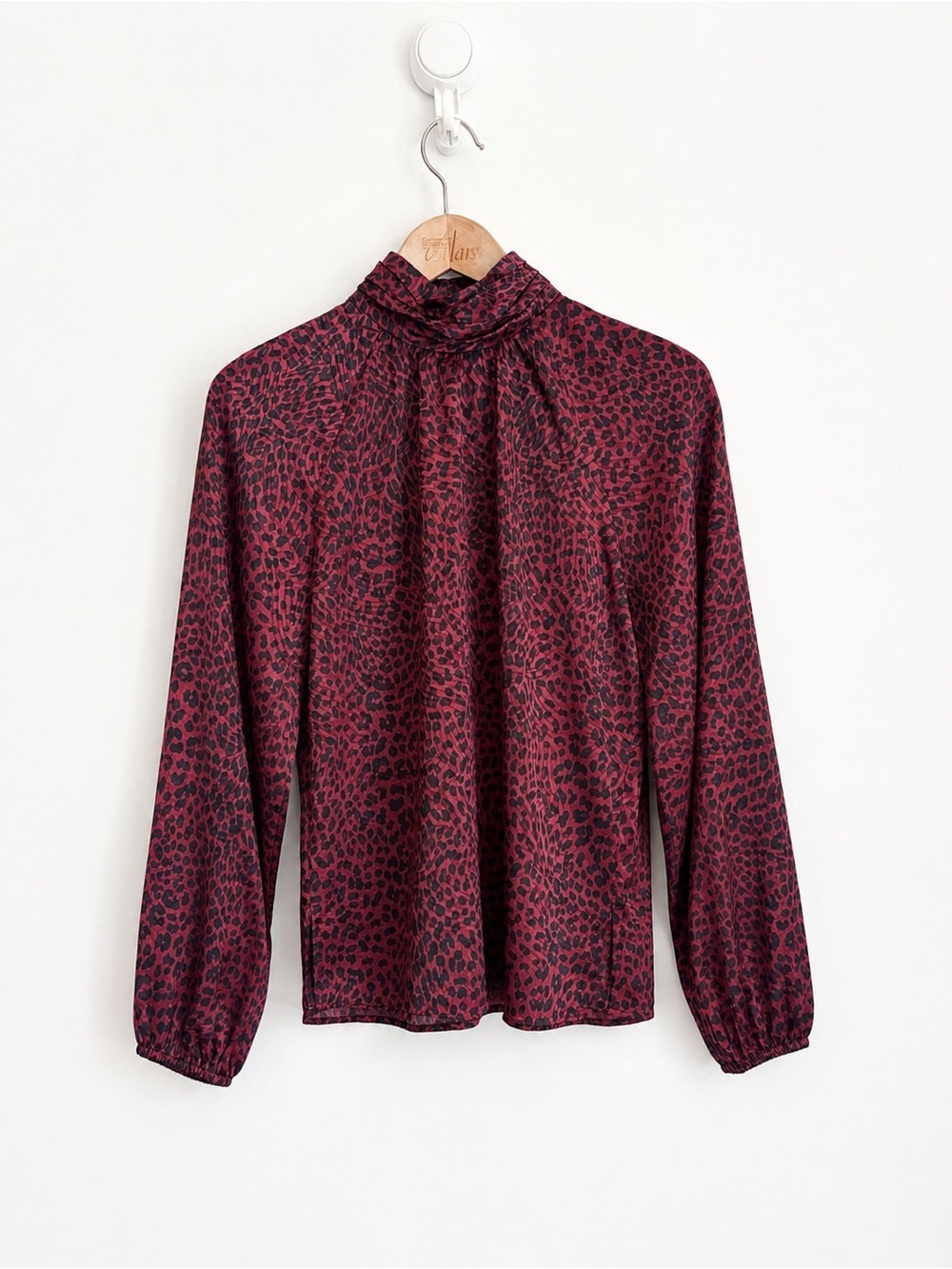 Michael Kors Burgundy Leopard Print Gathered Collar Statement Blouse S
